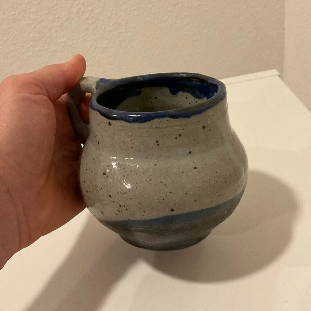 HANDMADE Speckled Whit and Blue Ceramic Mug, White and Blue, 3.5" H, Handcrafted - Picture 3 of 8